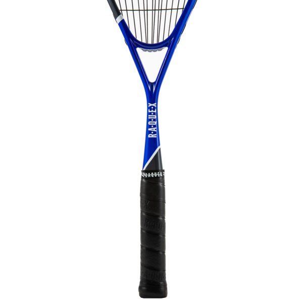 Close up of a blue squash racquet with a black racquet grip on the handle