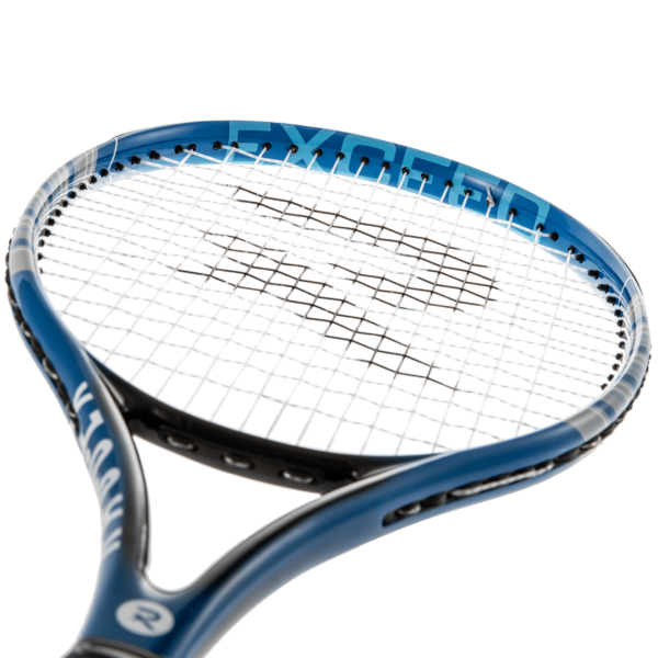 angular photo of a black and blue Raquex tennis racquet