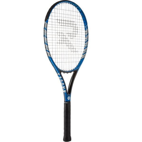a plain background image of a blue and black Raquex tennis racquet with grip tape