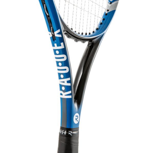 a close up bottom view of a blue and black Raquex tennis racquet complete with grip tape and finishing tape