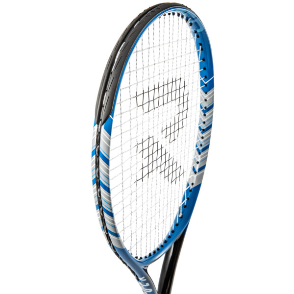 a top view of a blue, white and black Raquex tennis racquet