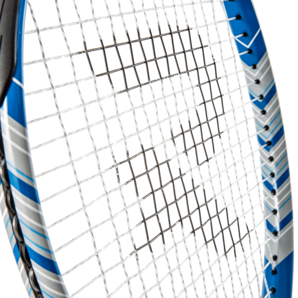 a close view of the head and strings on a Raquex tennis racquet