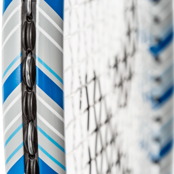 a close up side view of the rim on a Raquex tennis racquet