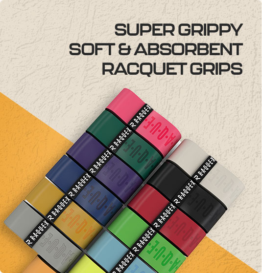 graphic and photo advertising the different coloured super grippy racquet grips by Raquex