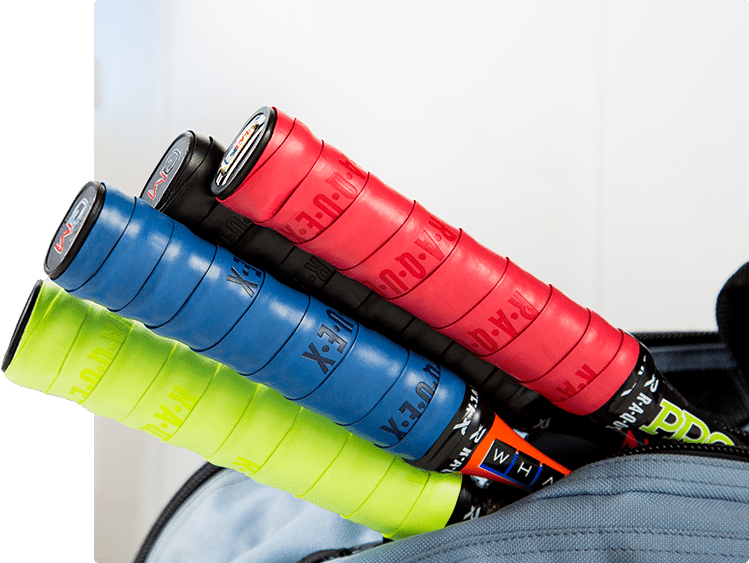 Tennis racquet handles in a bag, with various colours of tennis racquet grip tape