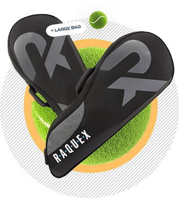 two black large racquet bags by Raquex with tennis ball