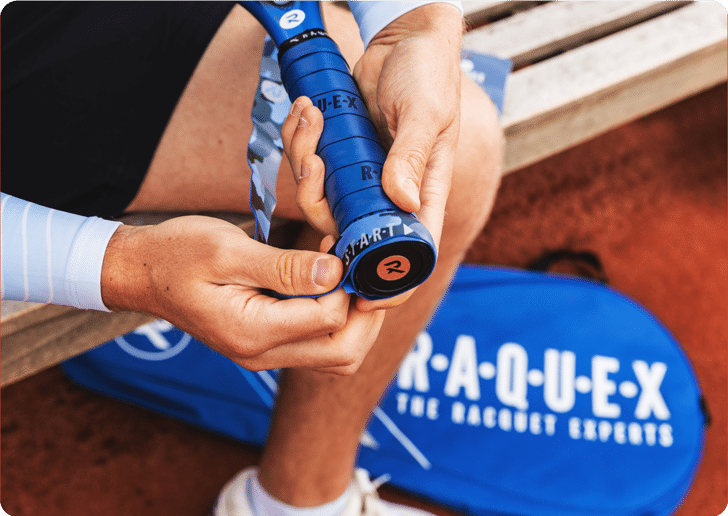 Image demonstrating how to fit racquet grip tape, on a tennis, squash or badminton racquet