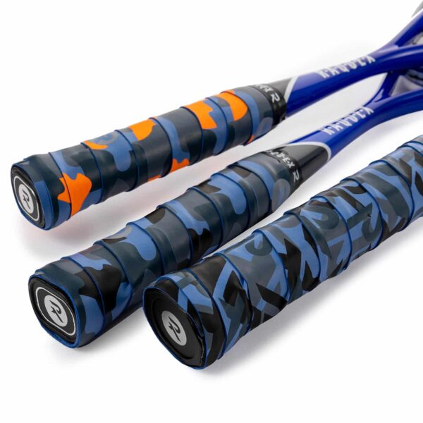 Blue and orange camo squash, badminton and tennis racquet overgrip tape