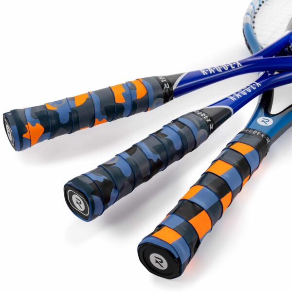 Three sports racquets with overgrips in various colours