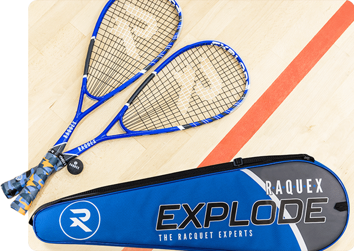 Two squash racquets and a large blue squash racquet bag